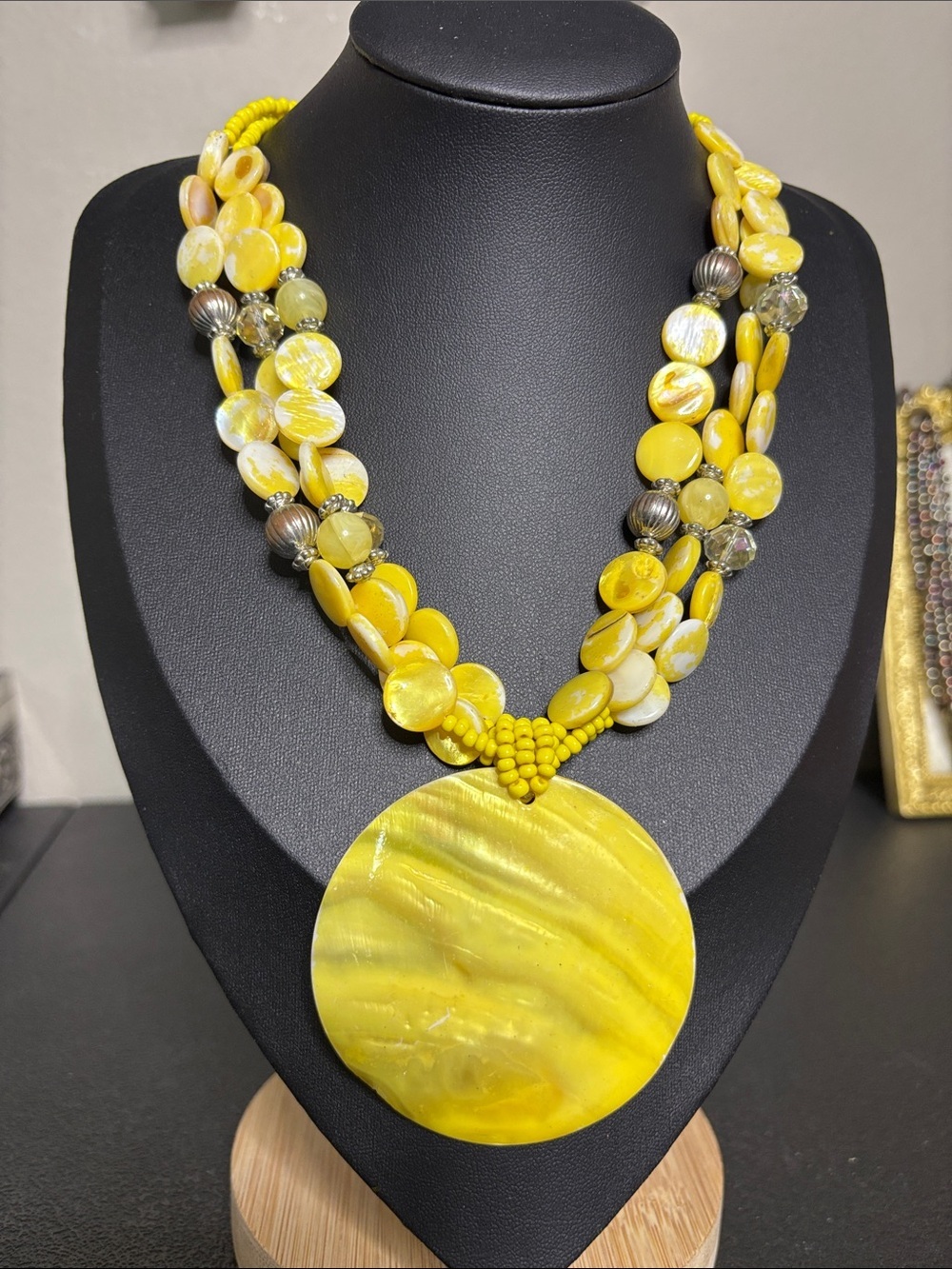Boho Vintage Vibrant Yellow Statement Necklace with Large Disc Shell Pendant